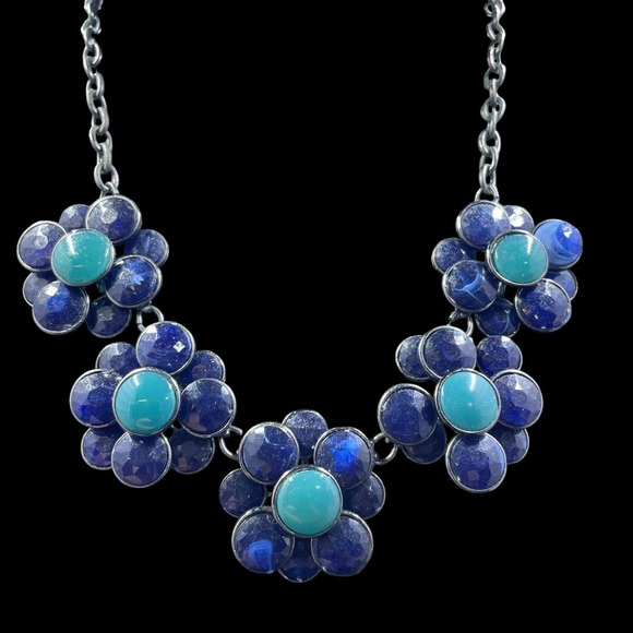 Liz Claiborne Est 1976 Statement Necklace Blue Turquoise Flower Bold Fashion 18" - Picture 3 of 8